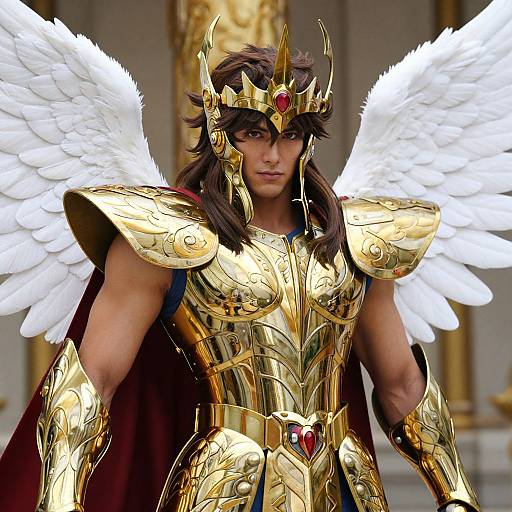 Photorealistic CGI of a muscular, brown-haired man with white wings, wearing golden, ornate armor and crown, set in a grand, gold