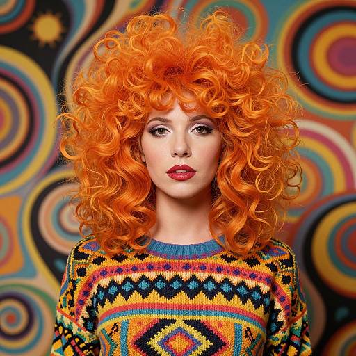 Photograph of a fair-skinned woman with vibrant orange curly hair, wearing a colorful geometric-patterned sweater, against a psychedelic swirl background.