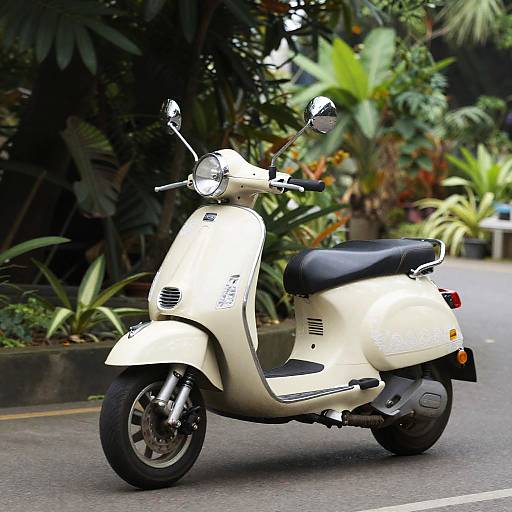Photograph of a cream-colored vintage scooter parked on a leafy street, with lush green plants in the background.