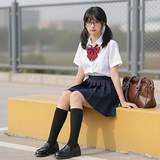 Cheerful Asian Schoolgirl in Daylight