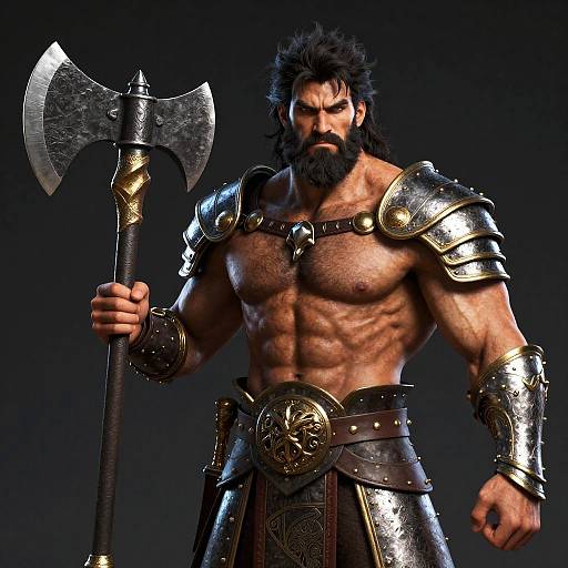 CGI image of a muscular, bearded Viking warrior with dark hair, holding a large axe. He wears ornate silver armor and leather belt with