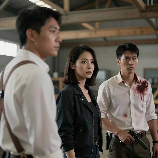 Intense Industrial Scene with Three Figures