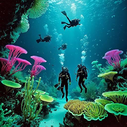 Bioluminescent Divers Exploring Vibrant Underwater Fungus