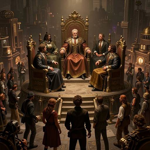 CGI image of a dark, steampunk throne room with five regal men in ornate robes surrounding a central, commanding figure on a grand