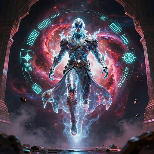 Digital art of a glowing, armored, mask-wearing figure floating amid cosmic red and blue energy, surrounded by ancient, circular, neon runes.