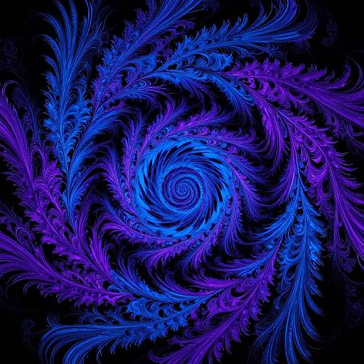 Digital art of a swirling, intricate, neon blue and purple feather-like pattern on a black background, creating a vibrant, hypnotic spiral effect.