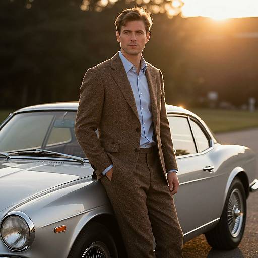 Handsome Man with Vintage Car at Sunset