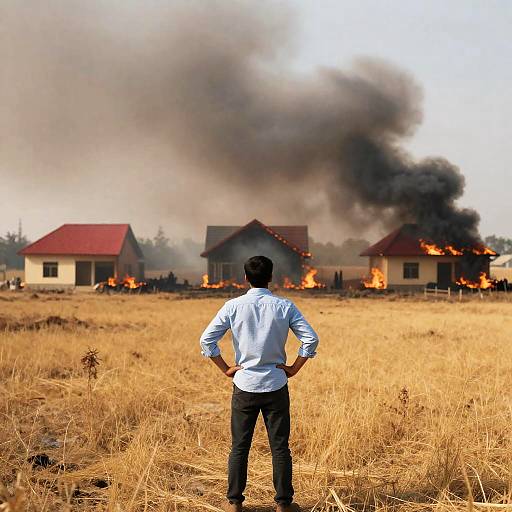 Man Facing Burning Houses in Dry Field