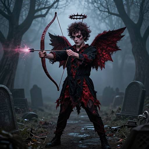 Demonic Cupid in Foggy Graveyard