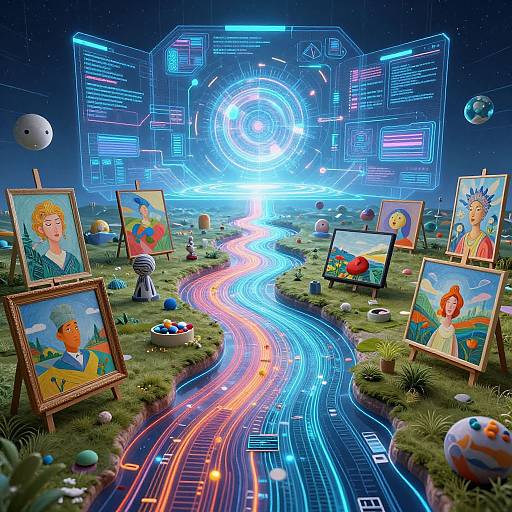 Digital artwork of a futuristic landscape with neon-lit road, painted portraits, space elements, and glowing circuitry in the background.