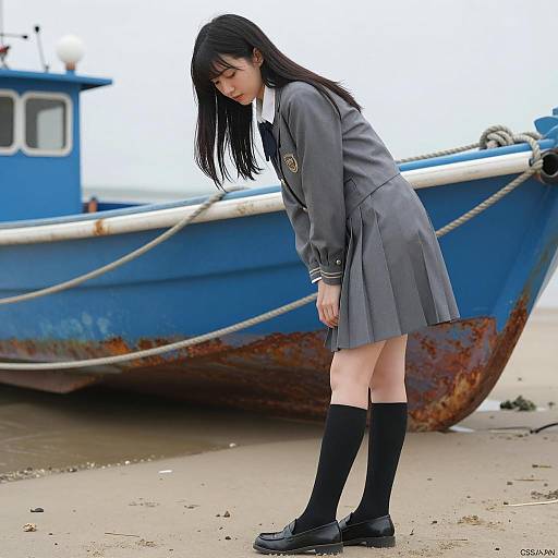 Asian Woman in Grey School Uniform by Water