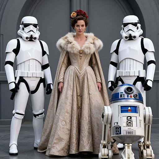 Photograph of a woman in an ornate, fur-trimmed gown flanked by two Stormtroopers and R2-D2 in a Star