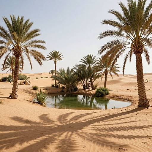 Photograph of a sunny desert oasis with tall palm trees, a small green pond, and sandy dunes under a clear blue sky.