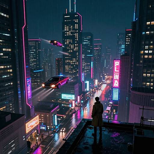Cyberpunk cityscape at night: neon lights, flying car, rainy streets, silhouetted figure on rooftop, vibrant blue and pink hues