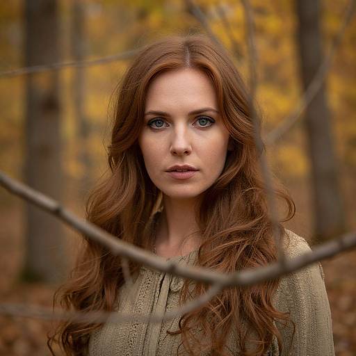 Photograph of a fair-skinned woman with long, wavy auburn hair, blue eyes, and a neutral expression, wearing a beige knit