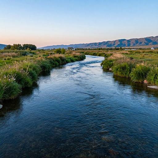 Photograph of a tranquil, narrow river flowing through a grassy landscape at sunset, with distant hills and a clear blue sky.