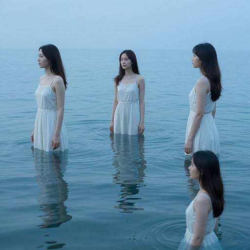Photograph of four East Asian women in white dresses standing waist-deep in calm, blue water, facing different directions, with a serene, ethereal