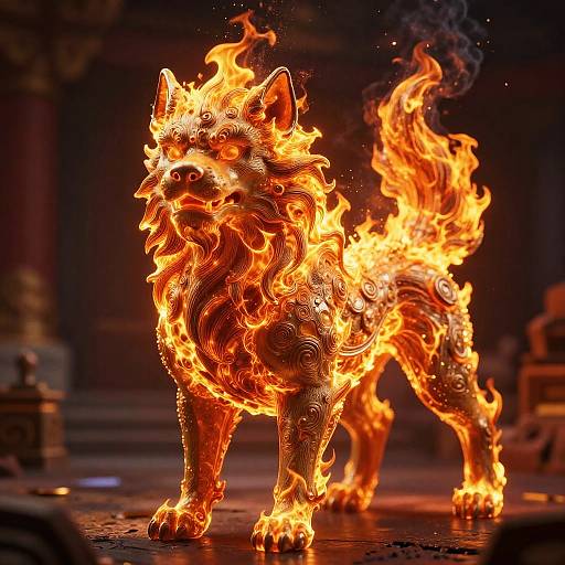 Photograph of a fiery, intricately sculpted wolf statue with glowing orange flames, detailed textures, and swirling patterns, set in a dimly lit