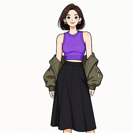 Digital illustration of a young woman with short brown hair, wearing a purple crop top, black skirt, and green jacket, standing against a white background.