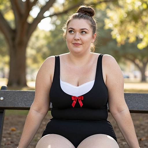 Photograph of a fair-skinned, curvy woman with dark hair in a bun, wearing a black one-piece with white trim and red bow,