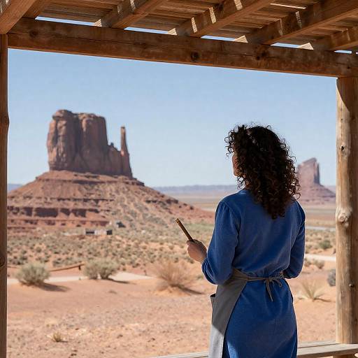 Woman Standing in Desert Under Wooden Shelter