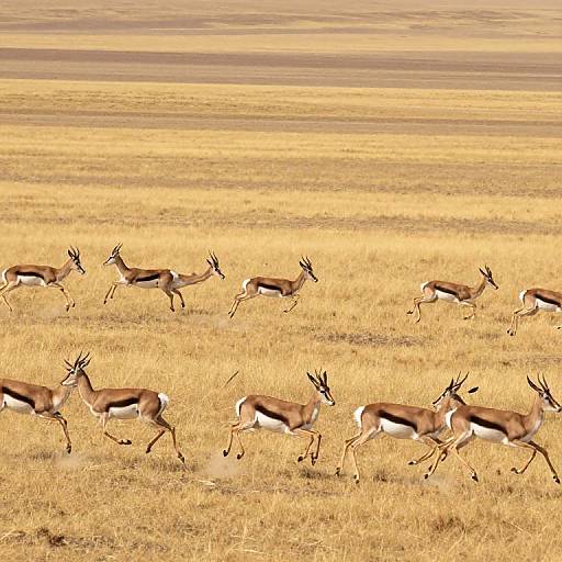Photograph of a herd of antelopes with brown and white coats running across a vast, golden grassy plain under a clear sky.