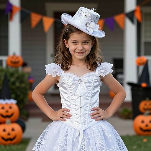 Photograph of a smiling young girl with brown hair, wearing a white lace dress and witch hat, standing in front of a Halloween-decorated porch