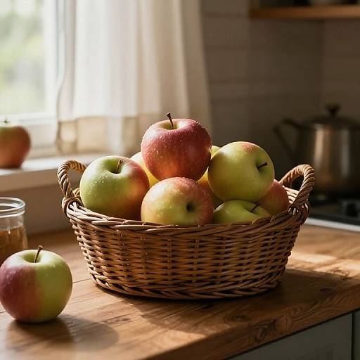 Photograph of a wicker basket filled with red and green apples on a wooden kitchen counter, sunlight streaming from a window.