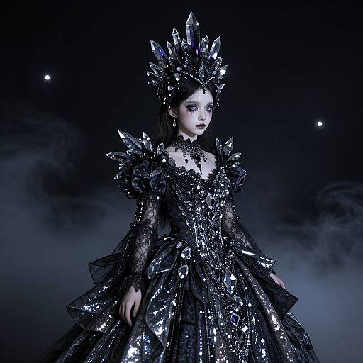 Photograph of a gothic woman in a silver-sequined, crystal-encrusted black gown with an elaborate crown, standing against a dark