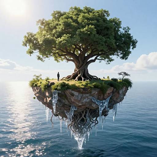 Fantastical digital artwork of a floating tree island with lush greenery, icicles, and two small figures, set against a bright blue sky over