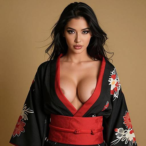 Photograph of a beautiful Asian woman with long black hair, wearing a black kimono with red and white floral patterns, deep neckline revealing large breasts,