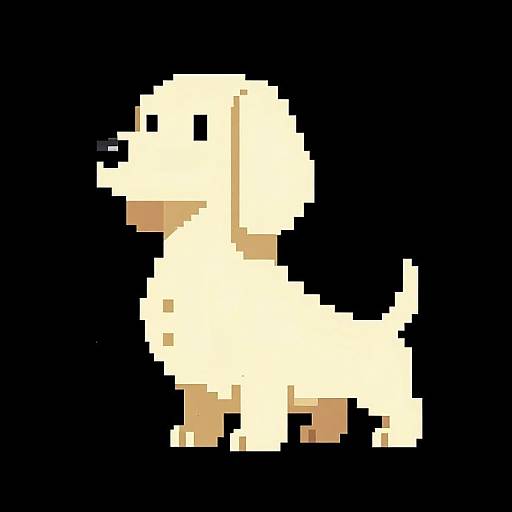 Pixel art of a white dog with black nose and ears, standing in profile on a black background. Retro, 8-bit style.