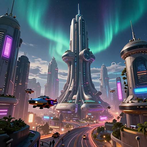 Digital artwork of a futuristic cityscape at night, featuring neon-lit skyscrapers, hovering cars, and vibrant aurora borealis in a star