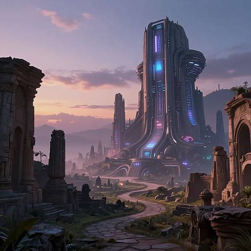 Digital art of a futuristic cityscape at sunset, blending ancient ruins with towering, neon-lit skyscrapers, featuring vibrant blue and pink lights.