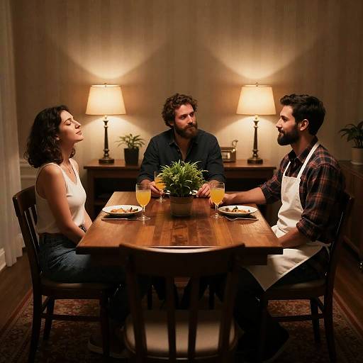 Three People Sitting Around Dining Table in Dimly Lit Room