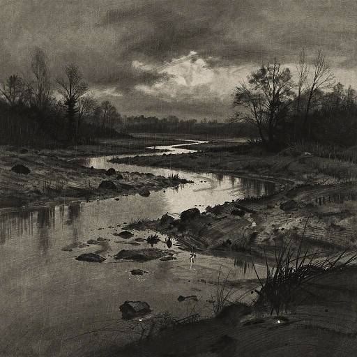 Charcoal Sketch of Shadowy Floodplain