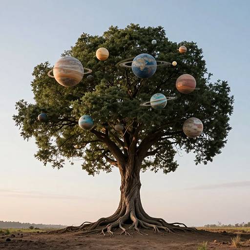 Photorealistic image of a large tree with intricate roots, adorned with colorful planets (Jupiter, Saturn, etc.) floating in its foliage against a