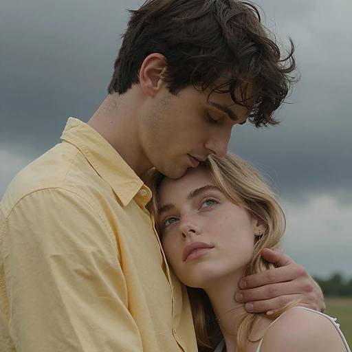 Couple in Tender Embrace with Cloudy Sky