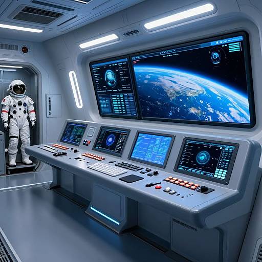 Photograph of futuristic spaceship control room with astronaut in white suit, large screens displaying Earth and space data, illuminated control panels.