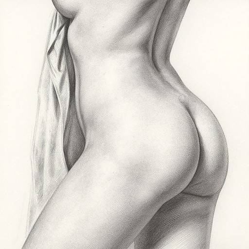 Black-and-white digital drawing of a nude, side-profile female figure, emphasizing her curvaceous buttocks and muscular back with detailed shading.