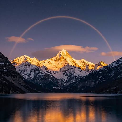 Photograph of a snow-capped mountain range at sunset, illuminated by golden light, with a faint rainbow arc in the clear sky, reflected in a