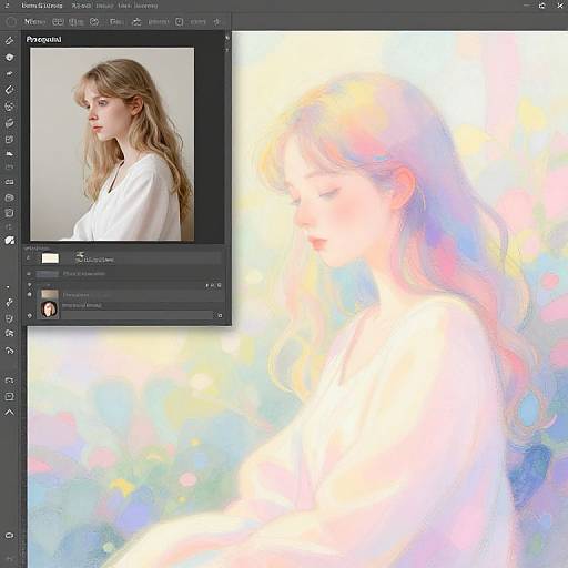 Photograph of a digital editing interface showing a side profile of a blonde woman in a white shirt on the left, with a colorful, abstract, light