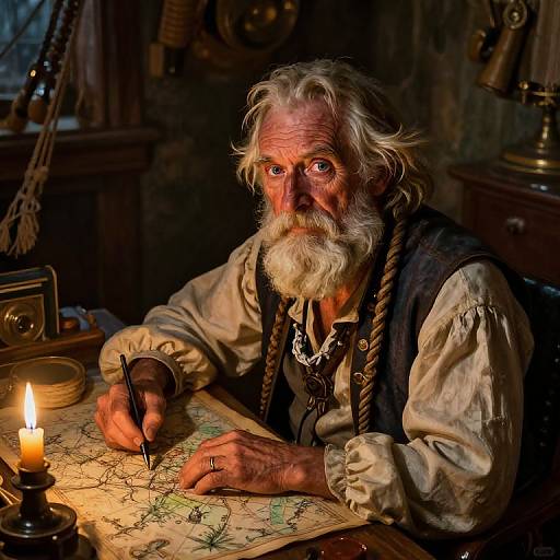 Photograph of an elderly, white-bearded man with piercing eyes, wearing a white shirt and dark vest, intently drawing a map by candlelight