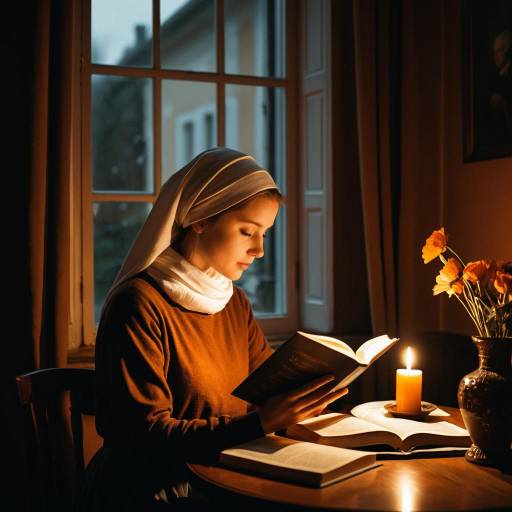 Young woman reading by candlelight