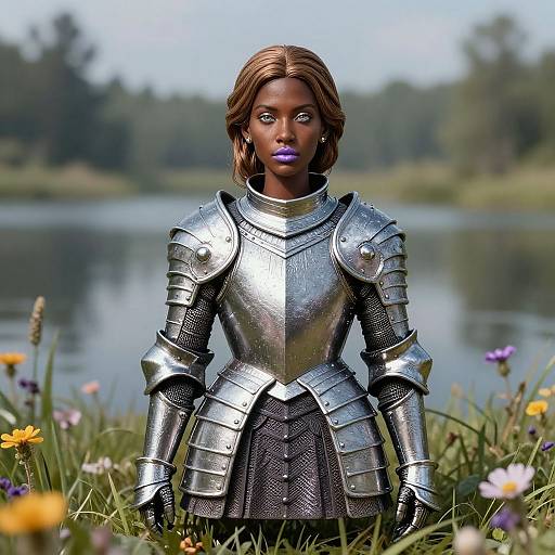 Photorealistic doll with dark skin, purple lipstick, and metallic armor standing in a grassy field with a lake and flowers in the background.