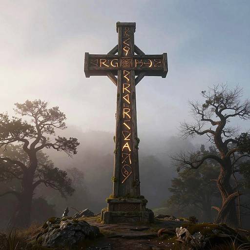 Eldercross on Misty Hilltop at Dawn