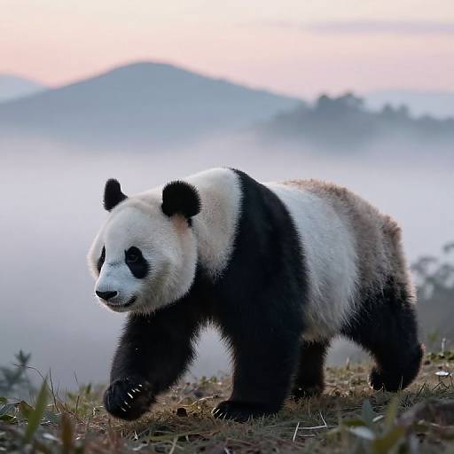Photograph of a large, black-and-white giant panda walking on grassy terrain, with misty mountains and a pinkish-orange sky in the background