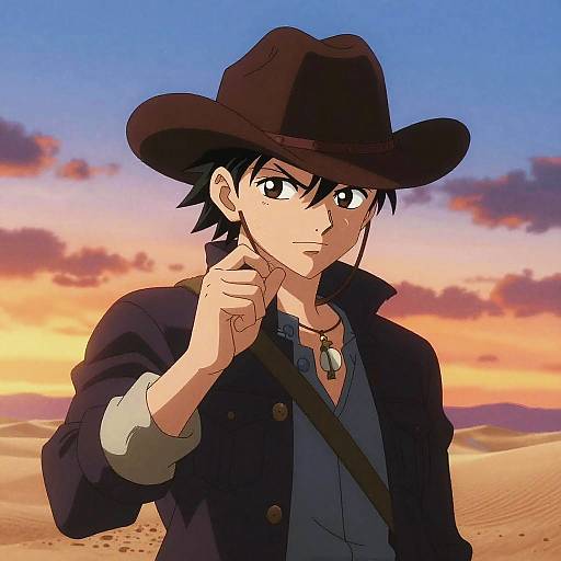 Anime Cowboy at Desert Sunset