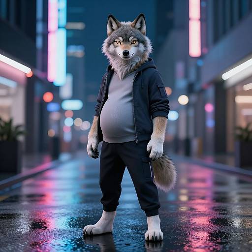 Digital artwork of a furry wolf character with gray fur, yellow eyes, wearing a black hoodie and pants, standing on a neon-lit, rainy city