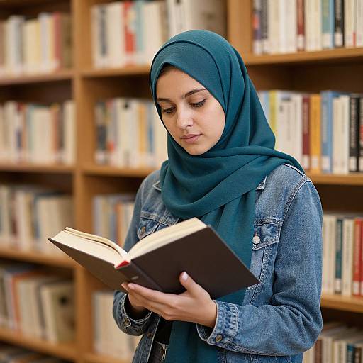 Photograph of a young woman with a teal hijab, denim jacket, and brown book, reading in a library with wooden shelves filled with colorful books